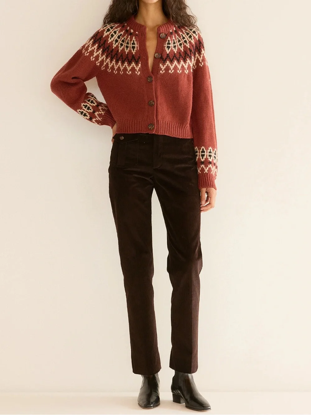 NWT Doen Clarke Wool Alpaca Button Cardigan Knit Sweater Burgundy Fair Isle Red